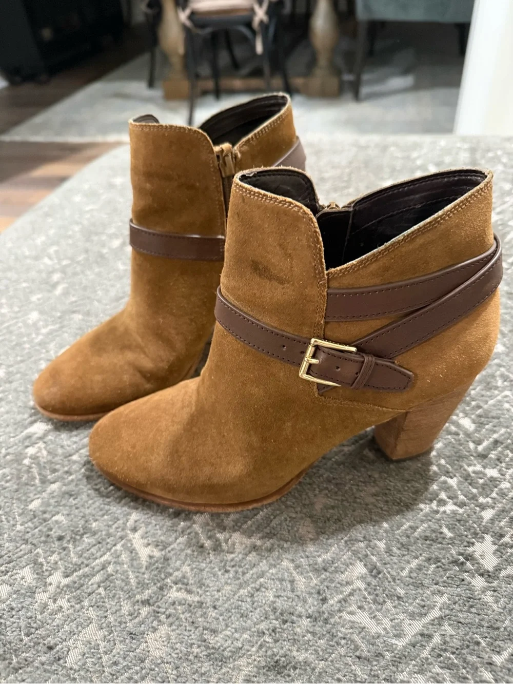 Cole Haan Hanover Suede Booties 9B Tobacco Brown Buckle Ankle Boots W10606